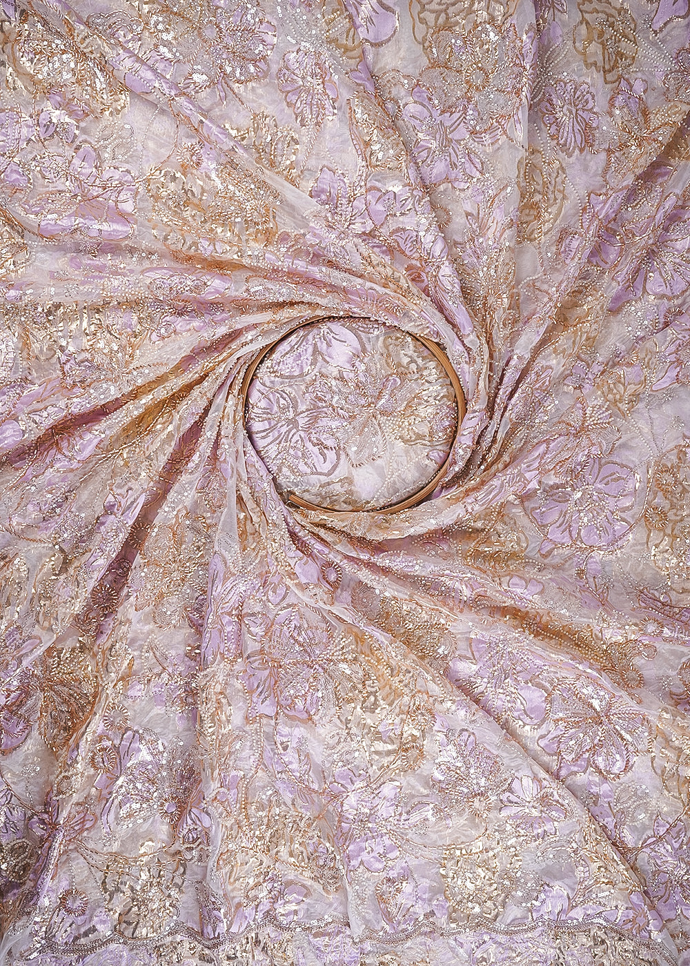 White Organza Fabric With All Over Sequins, Katdana And Bead Work & Lavender Foil Work Flowers 24678