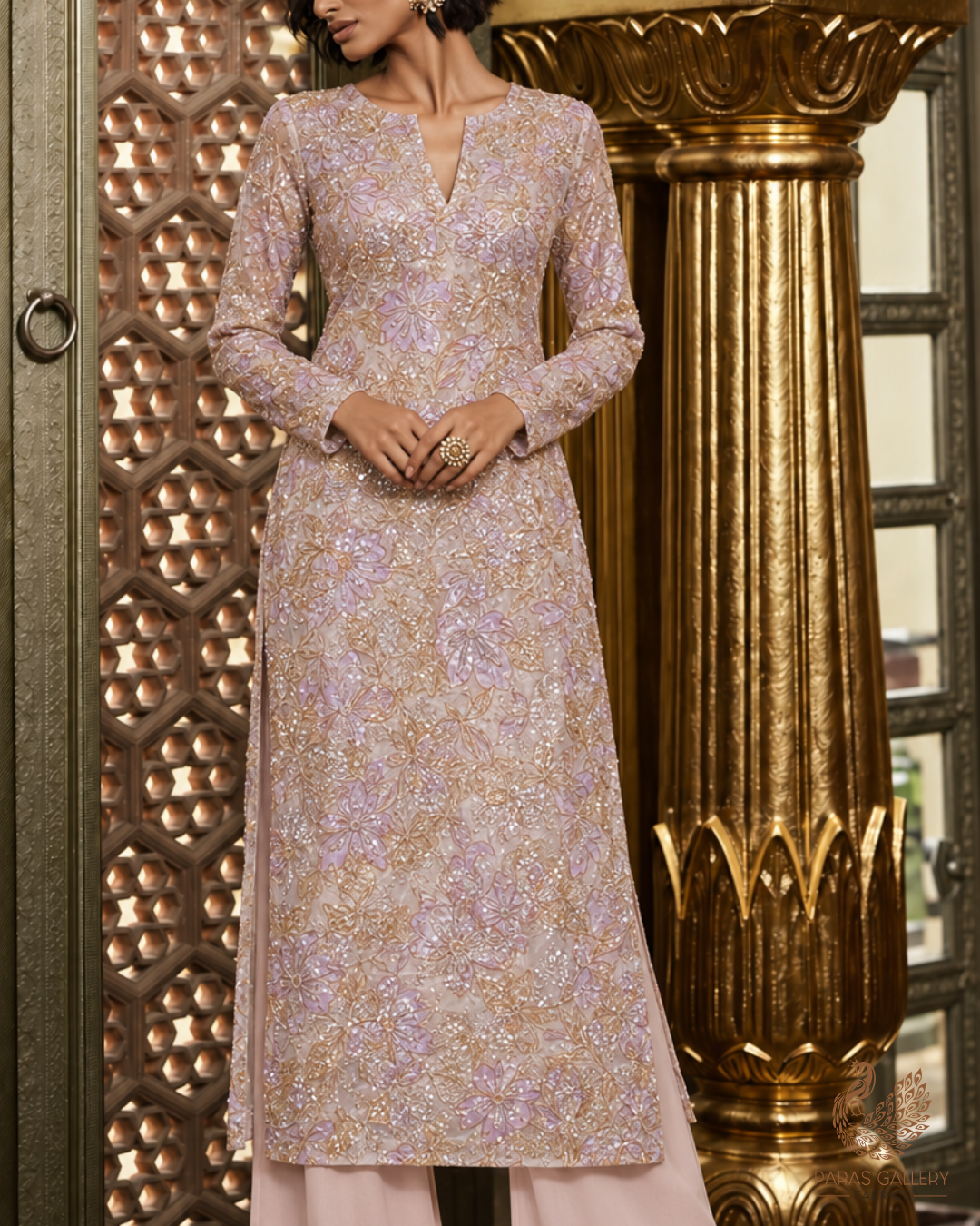 White Organza Fabric With All Over Sequins, Katdana And Bead Work & Lavender Foil Work Flowers 24678