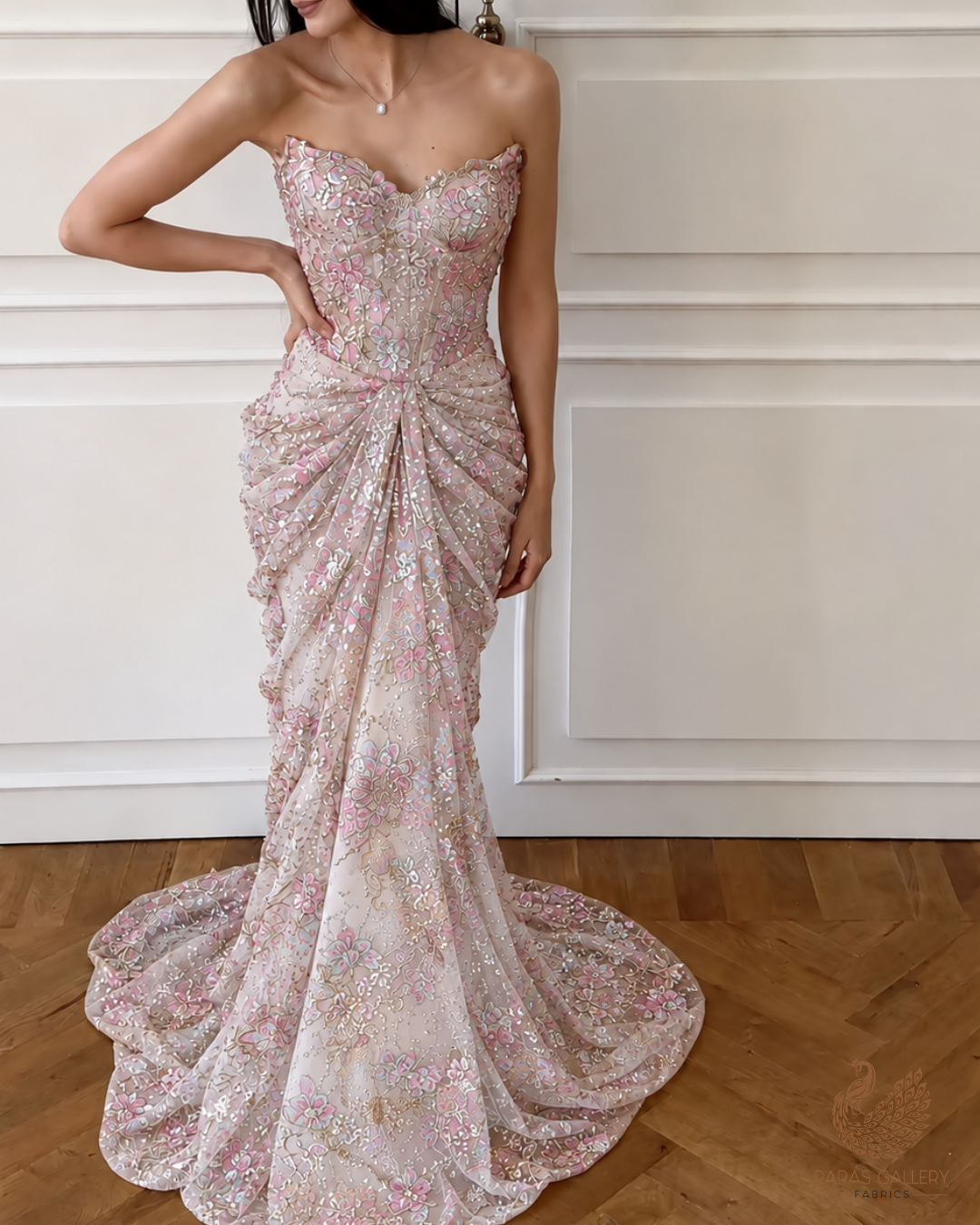 White Organza Fabric With All Over Sequins, Katdana And Bead Work & Pink Foil Work Flowers 24679
