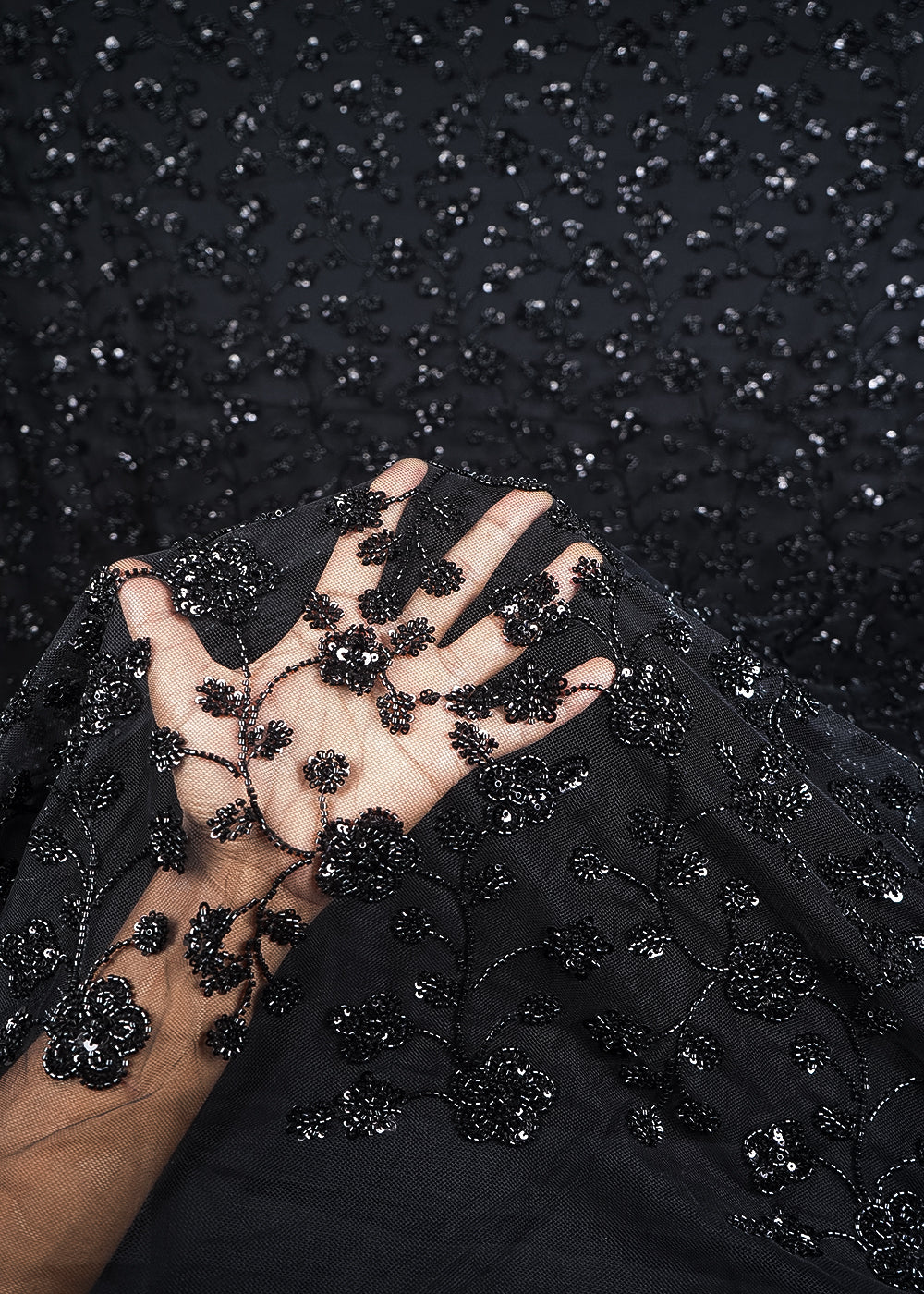 Black Net Imported Fabric With All Over Sequins And Katdana Work 24689