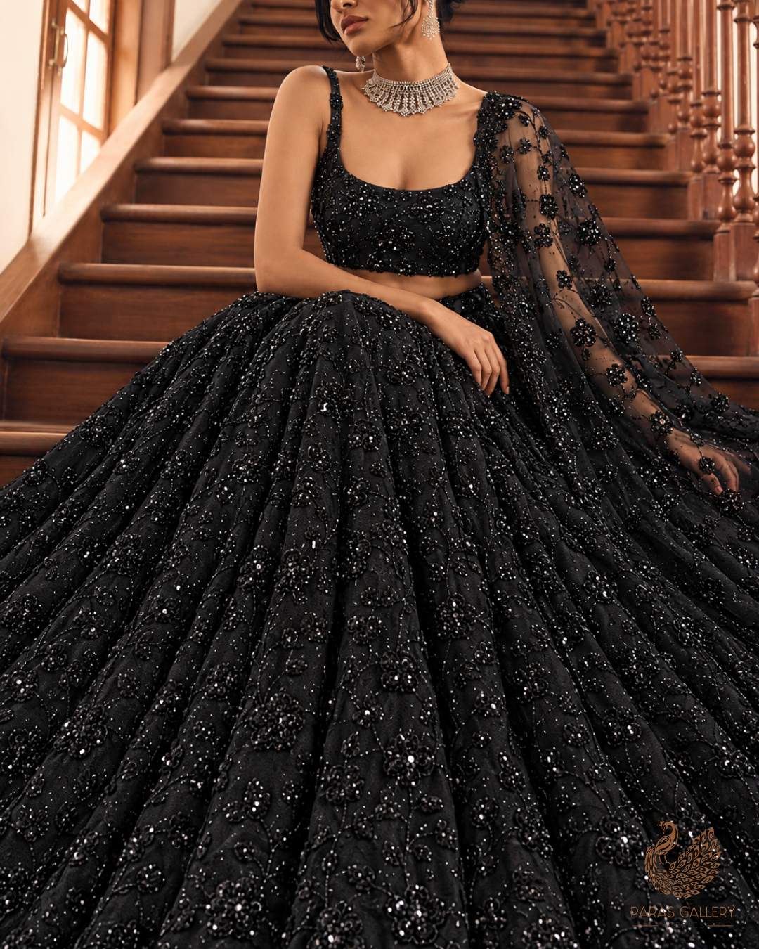 Black Net Imported Fabric With All Over Sequins And Katdana Work 24689