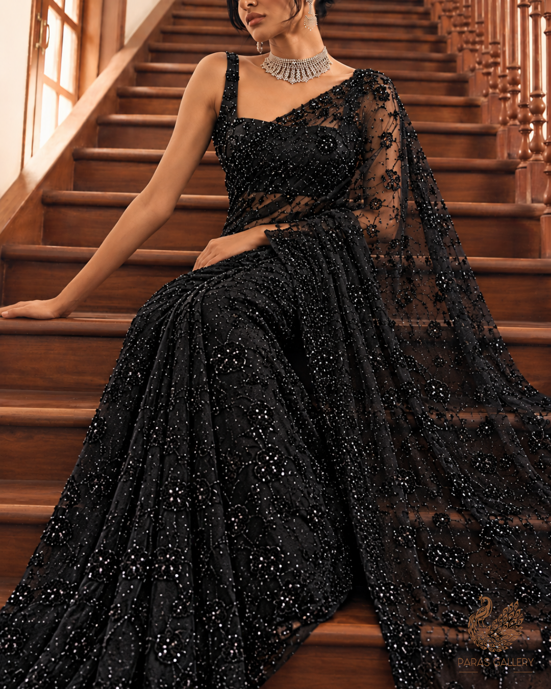Black Net Imported Fabric With All Over Sequins And Katdana Work 24689