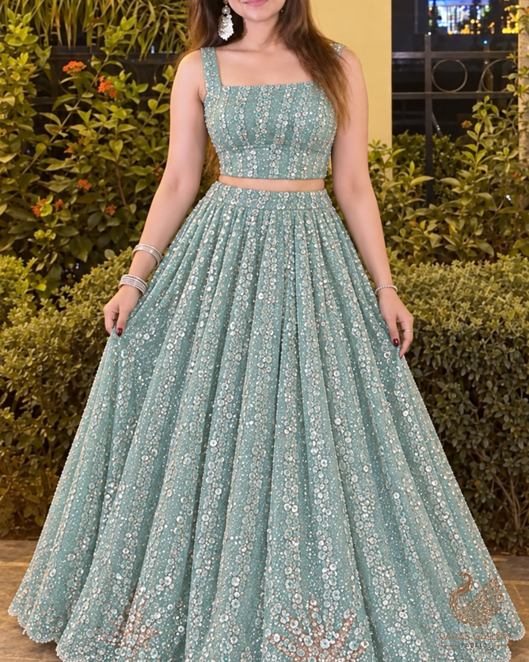 Green Imported Net Fabric With All Over Sequins And Katdana Work 24694