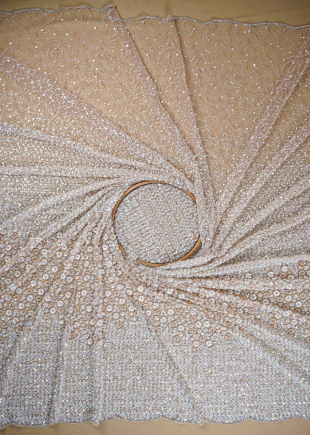 Gold Imported Net Fabric With All Over Sequins, Katdana And Bead Work With One Side Heavy Border 24695