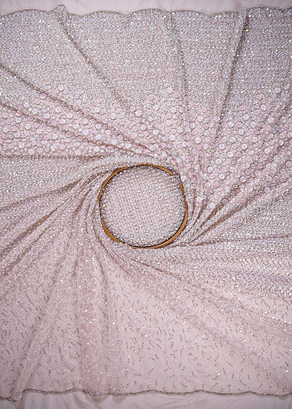 Pink Imported Net Fabric With All Over Sequins, Katdana And Bead Work With One Side Heavy Border 24696