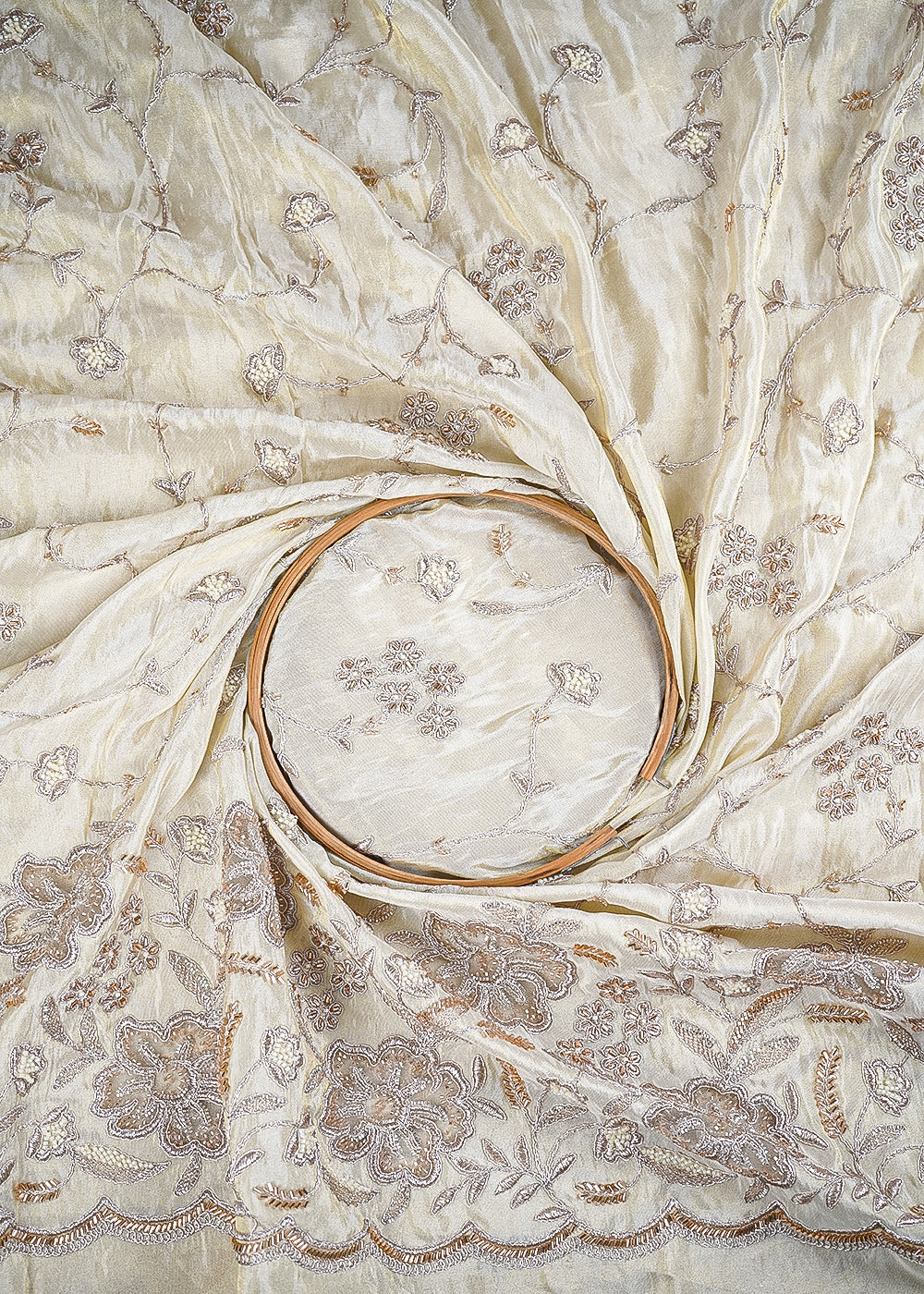 Golden Dyeable Tissue Fabric With All Over Zari, Katdana And Bead Work With One Side Border 24709