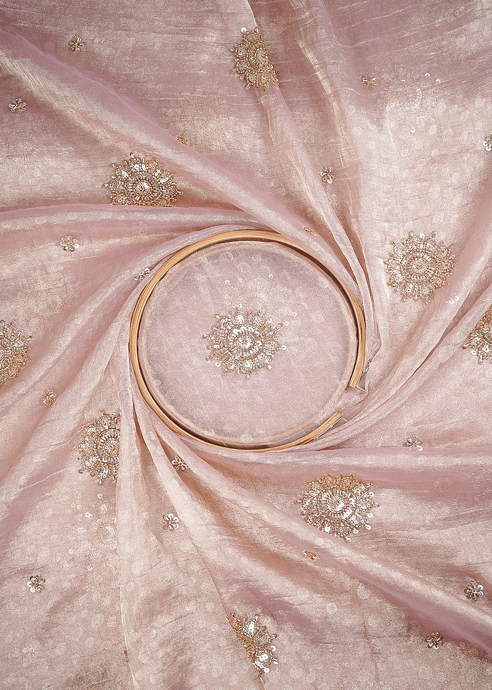 Pink Tissue Fabric With All Over Sequins, Katdana And Self Polka Dot Work 24710