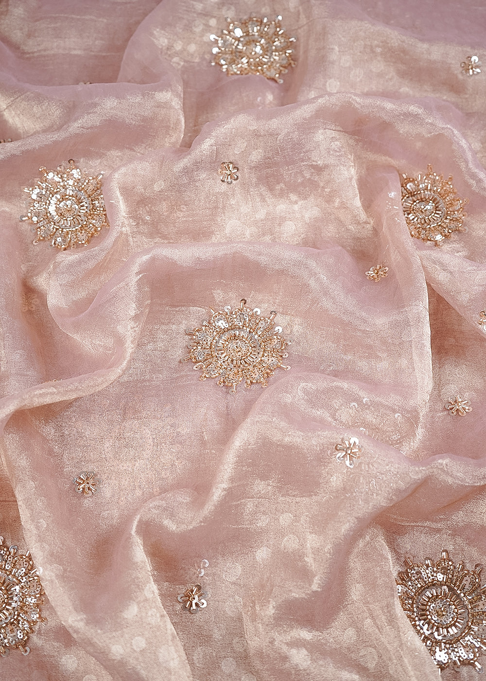 Pink Tissue Fabric With All Over Sequins, Katdana And Self Polka Dot Work 24710