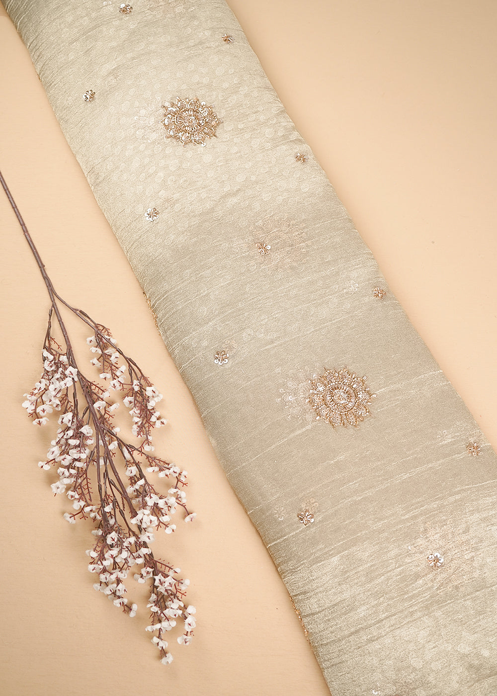 Beige Tissue Fabric With All Over Sequins, Katdana And Self Polka Dot Work 24711