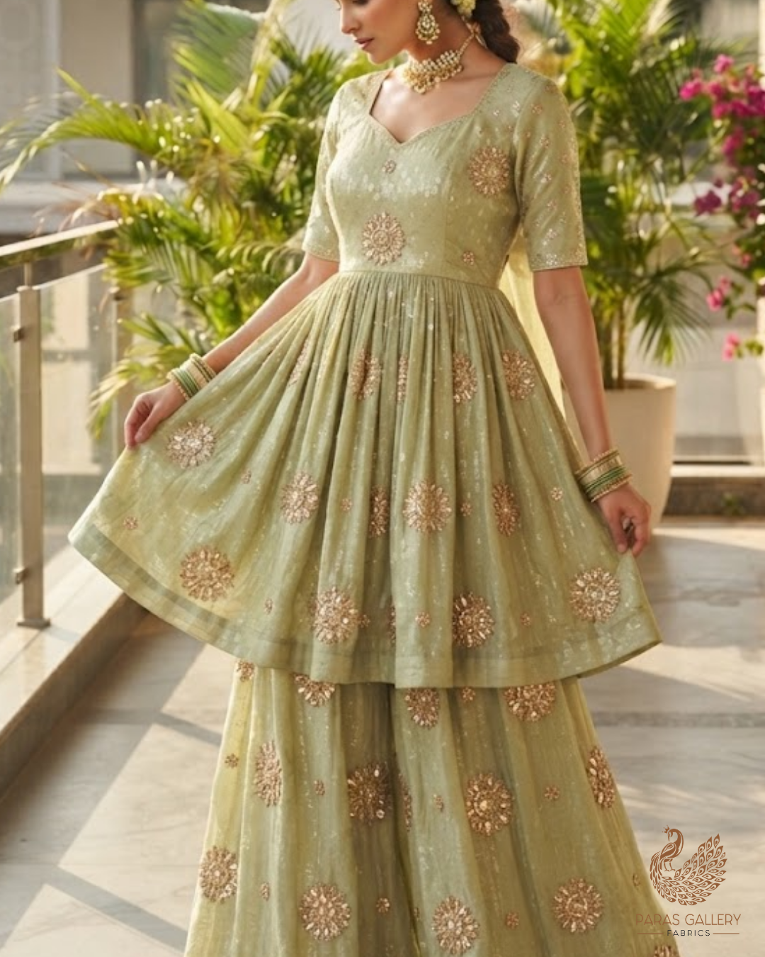 Pista Green Tissue Fabric With All Over Sequins, Katdana And Self Polka Dot Work 24712