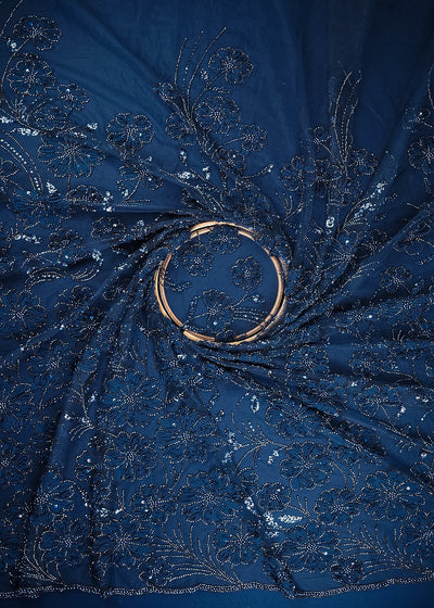 Navy Blue Imported Net Fabric With All Over Sequins, Katdana, Bead And Ribbon Work 24717