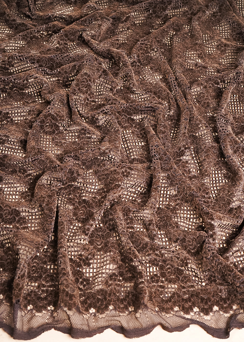 Chocolate Brown Mesh Velvet Fabric With All Over Cut Work 24722