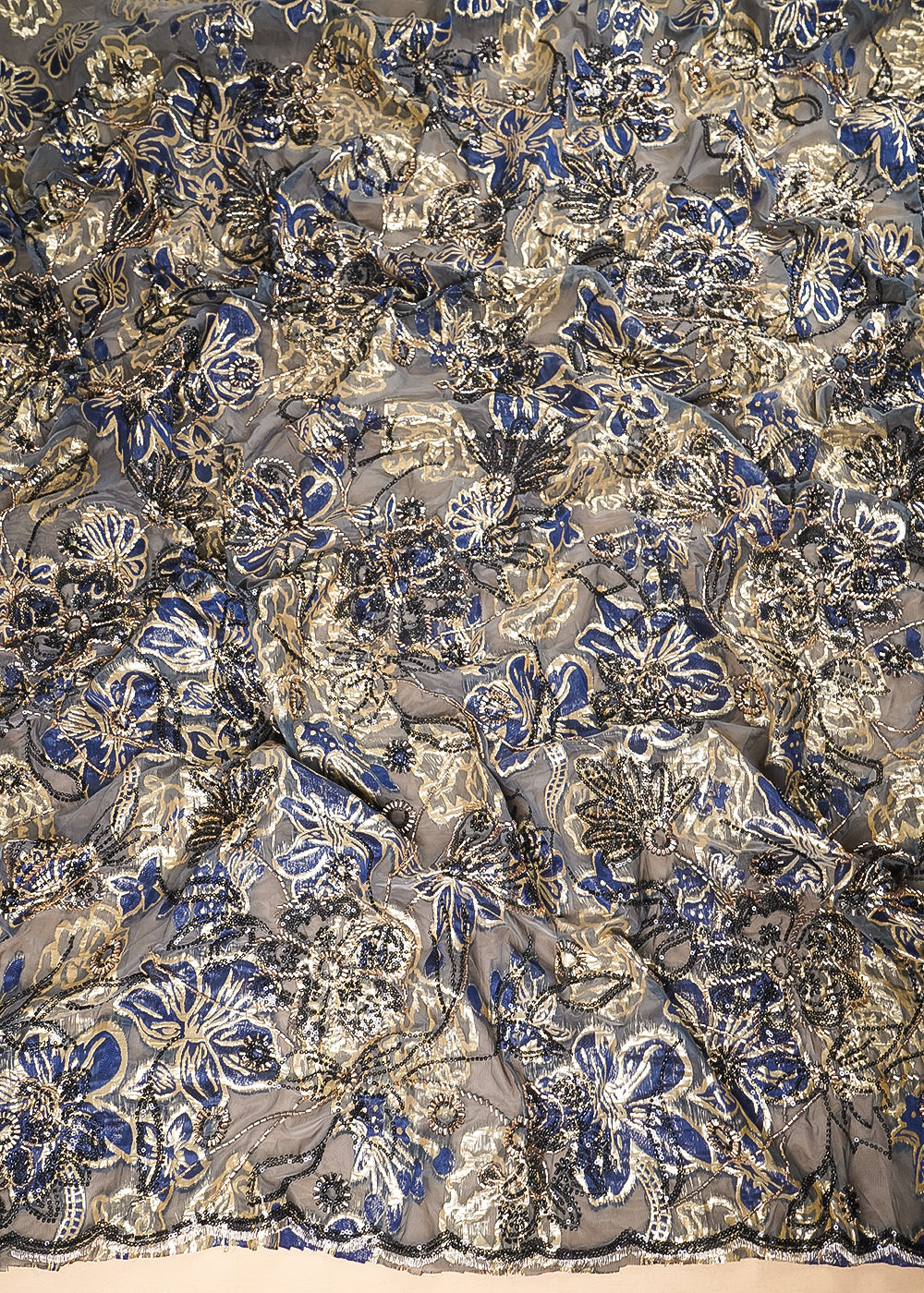 Grey Organza Fabric With All Over Sequins, Katdana And Bead Work & Navy Blue Foil Work Flowers 24731