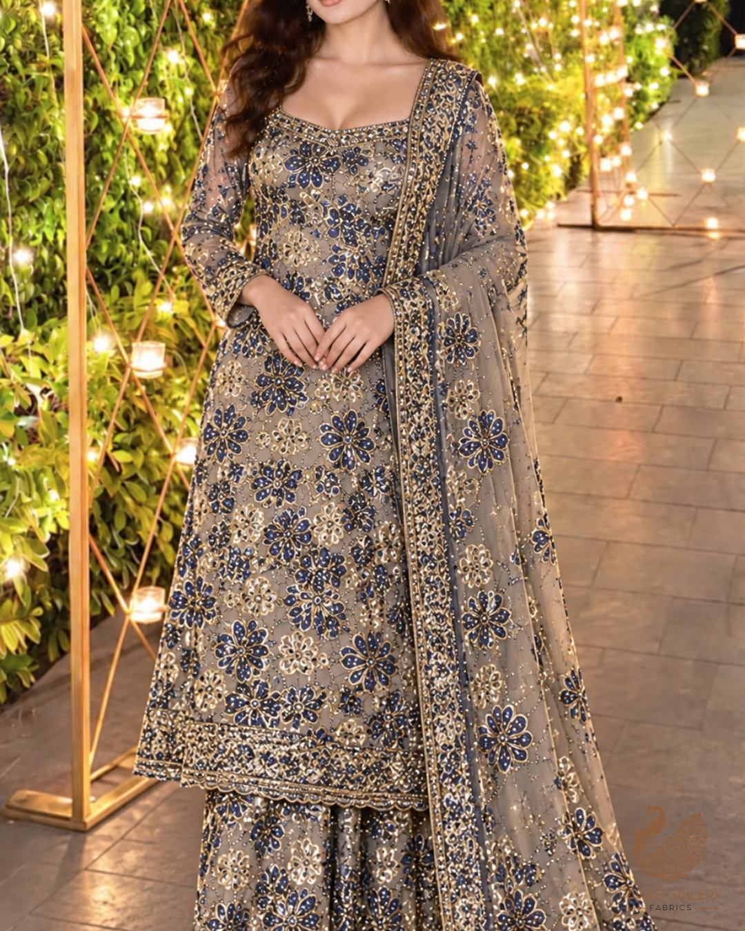 Grey Organza Fabric With All Over Sequins, Katdana And Bead Work & Navy Blue Foil Work Flowers 24731