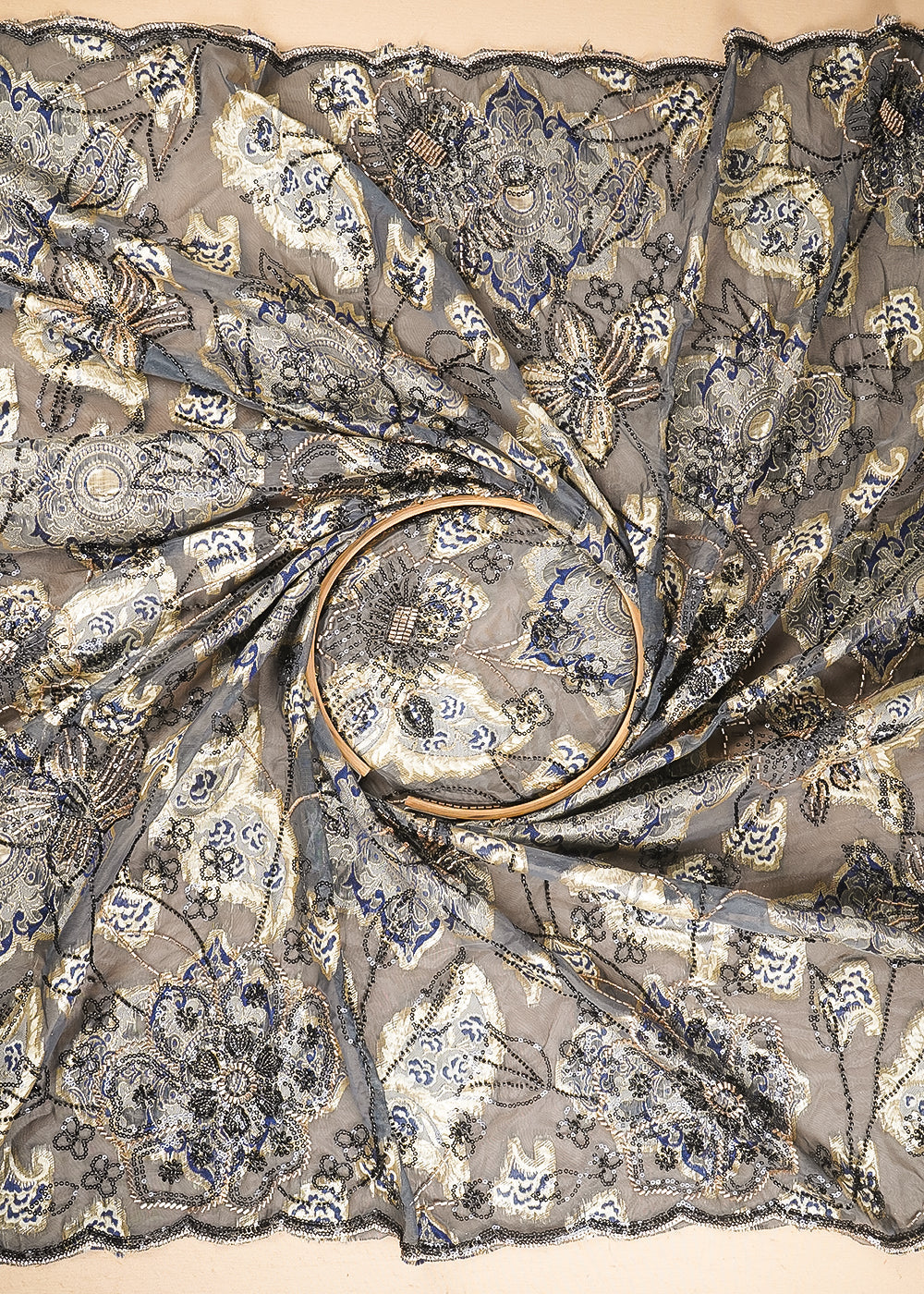 Grey Imported Organza Fabric With All Over Sequins, Katdana And Bead Work & Navy Blue Foil Work 24734