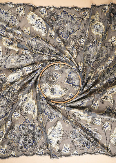 Grey Imported Organza Fabric With All Over Sequins, Katdana And Bead Work & Navy Blue Foil Work 24734