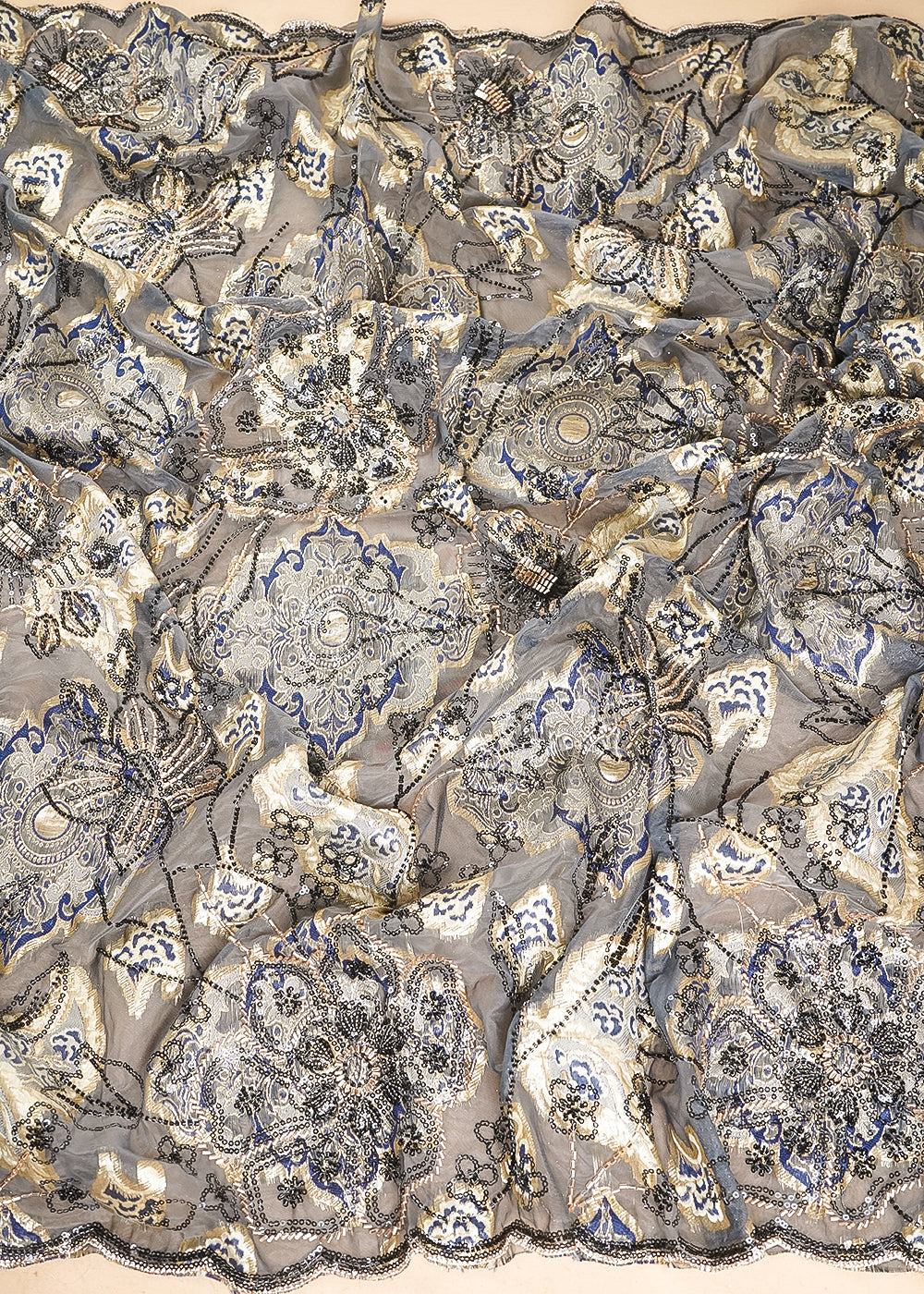 Grey Imported Organza Fabric With All Over Sequins, Katdana And Bead Work & Navy Blue Foil Work 24734
