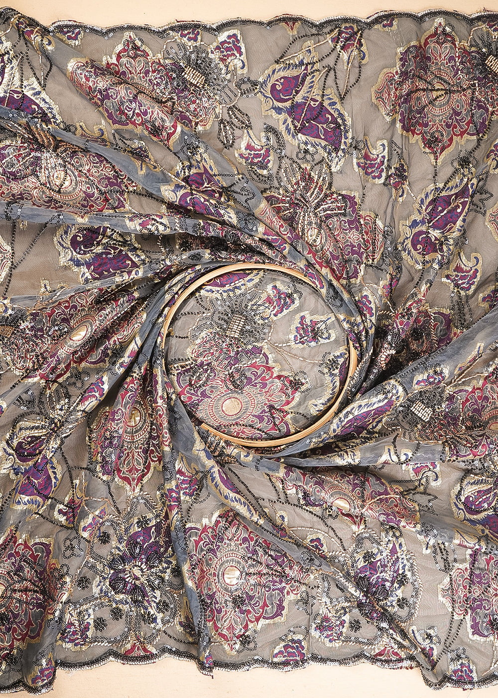 Grey Imported Organza Fabric With All Over Sequins, Katdana And Bead Work & Purple Foil Work Flowers 24735