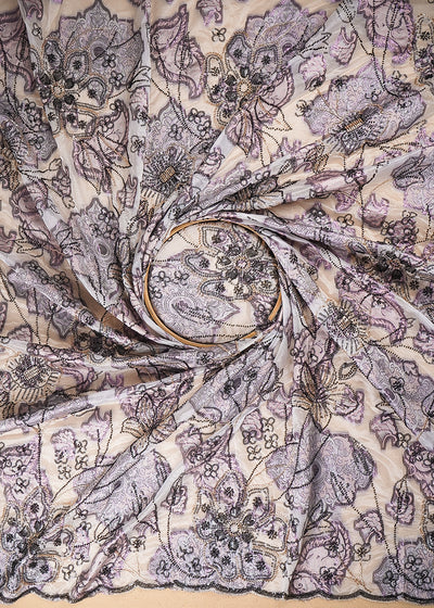 White Organza Fabric With All Over Sequins, Katdana, Bead & Wine Foil Work 24737