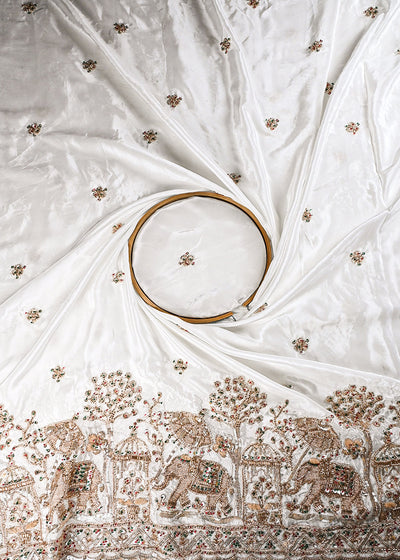 White Dyeable Crepe Fabric With All Over Zari, Sequins And Katdana Work With One Side Heavy Border 24740