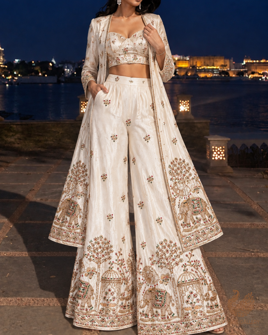 White Dyeable Crepe Fabric With All Over Zari, Sequins And Katdana Work With One Side Heavy Border 24740