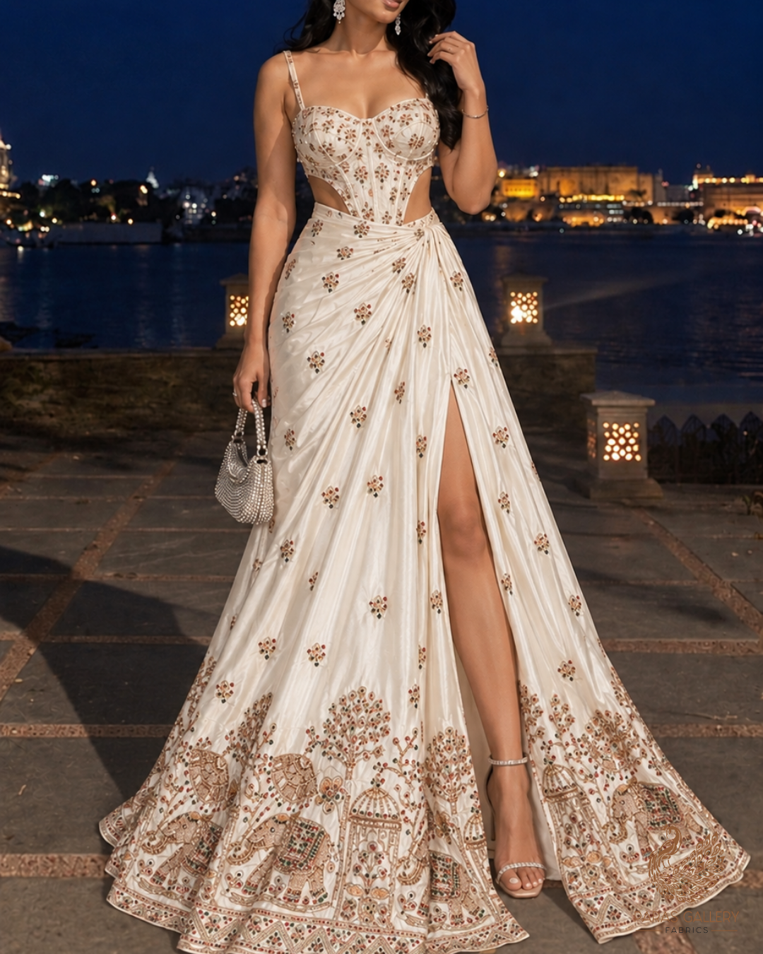 White Dyeable Crepe Fabric With All Over Zari, Sequins And Katdana Work With One Side Heavy Border 24740