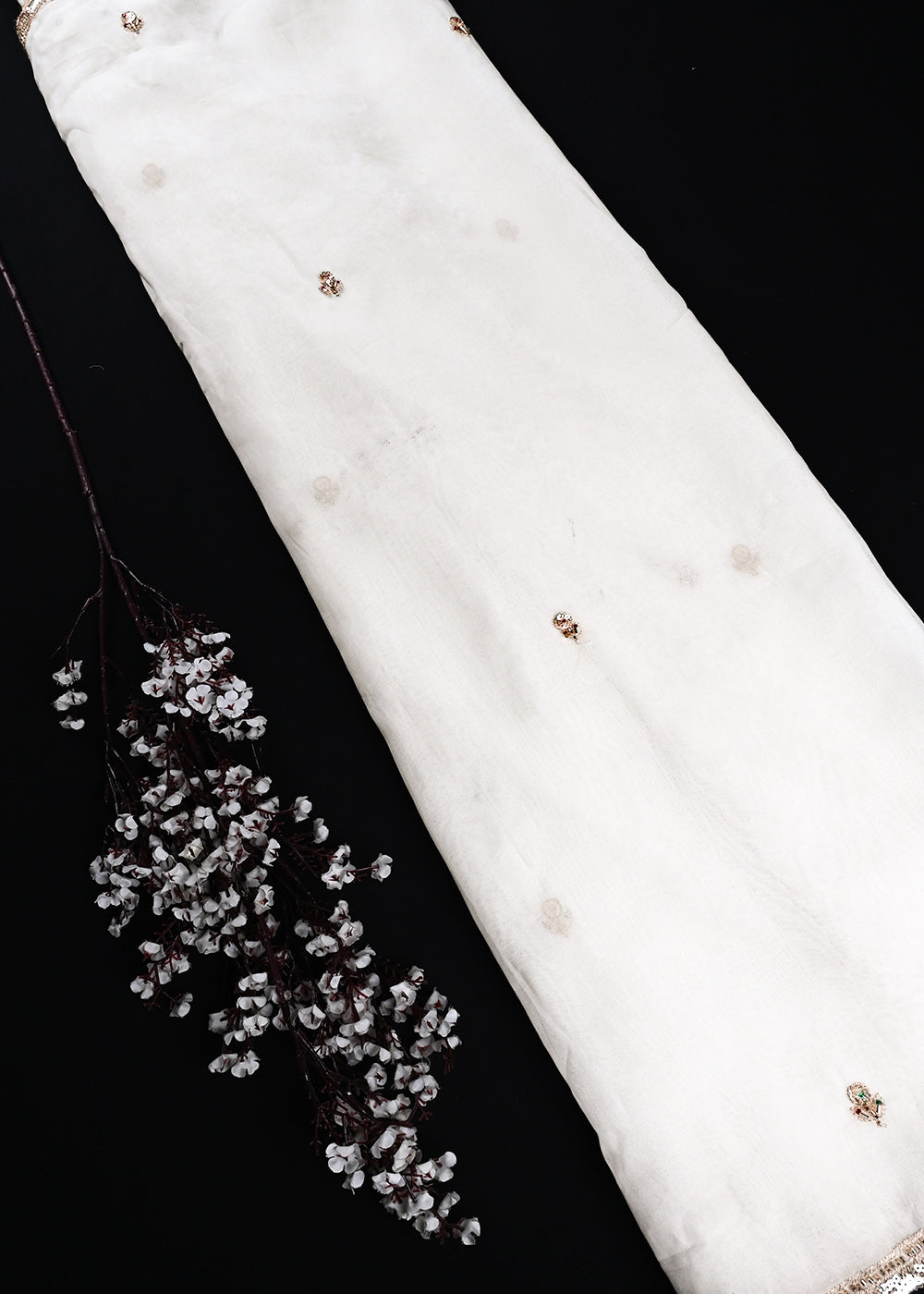 White Dyeable Organza Dupatta Fabric With All Over Zari, Sequins And Katdana Work With Both Side Scalloped Border 24741