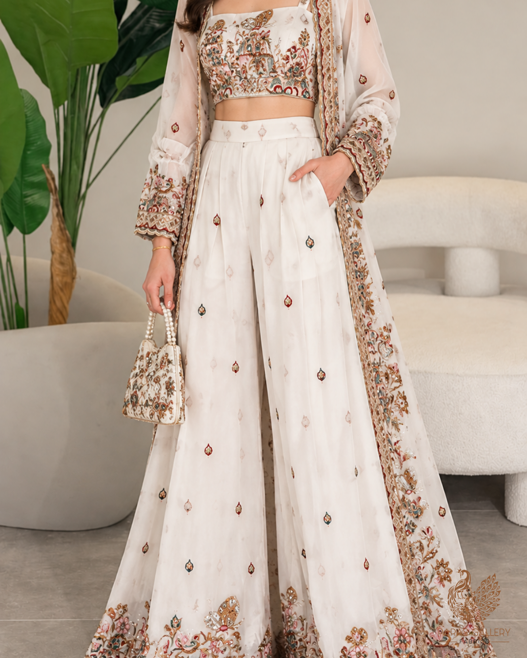 White Dyeable Georgette Fabric With All Over Zari, Sequins And Katdana Work With One Side Border 24742