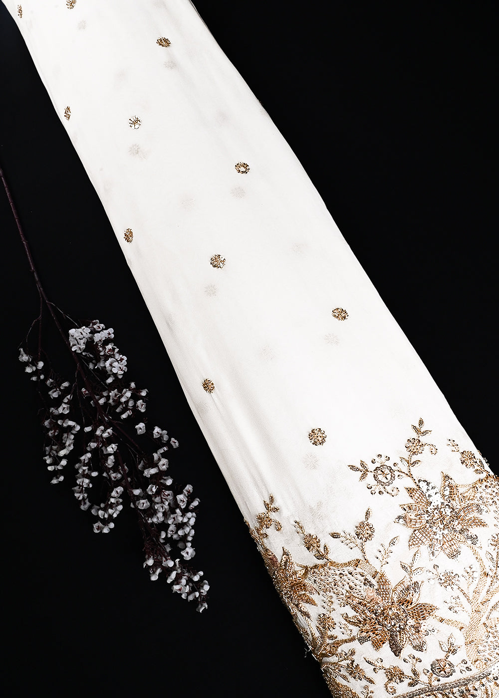 White Dyeable Georgette Fabric With All Over Zari, Sequins, Katdana Work With One Side Border 24745