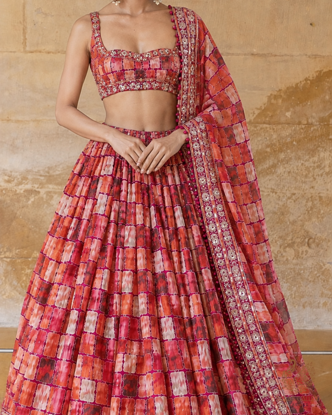 Wine Crepe Fabric With All Over Thread, Zari, Sequins Work With One Side Border 24748