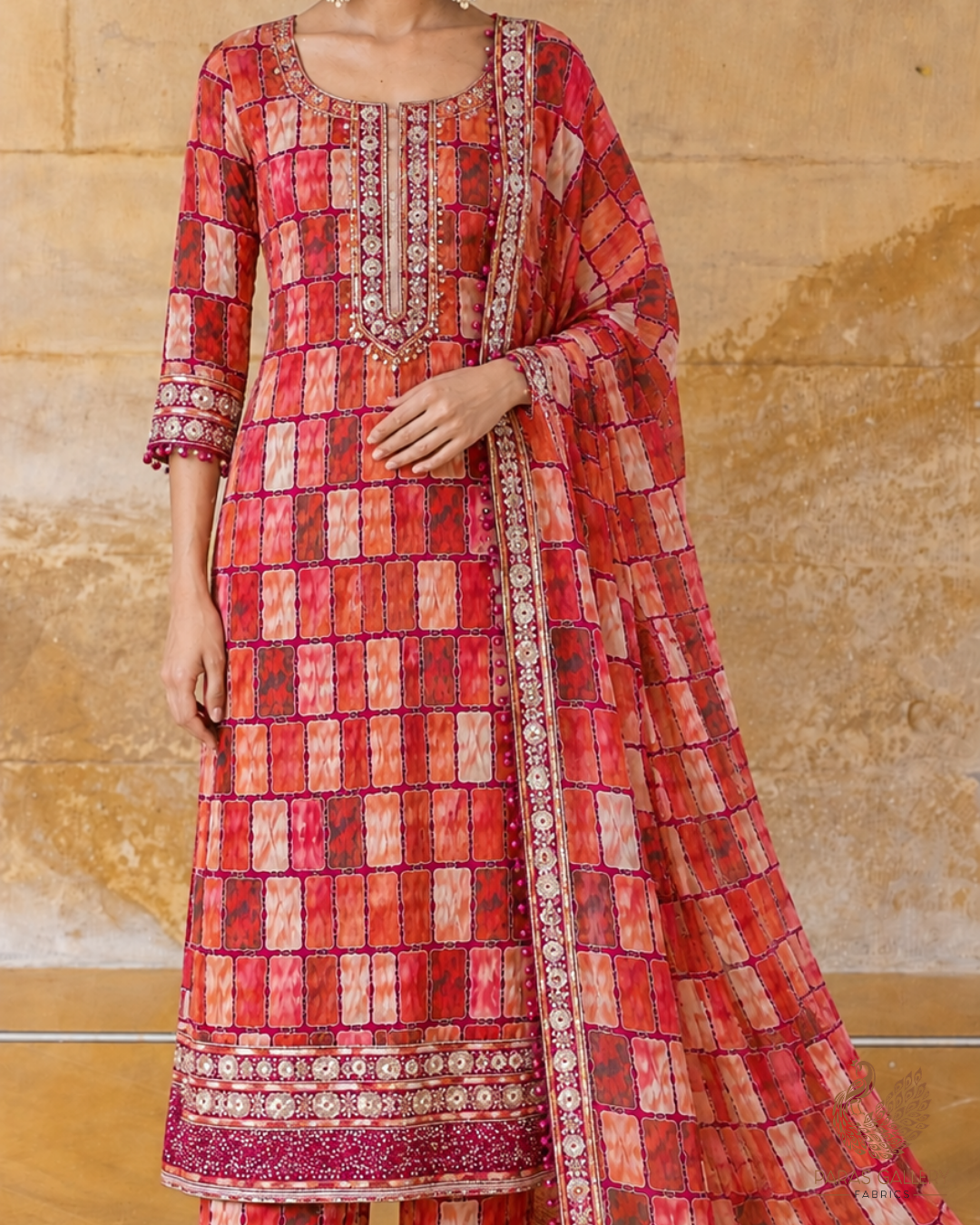 Wine Crepe Fabric With All Over Thread, Zari, Sequins Work With One Side Border 24748