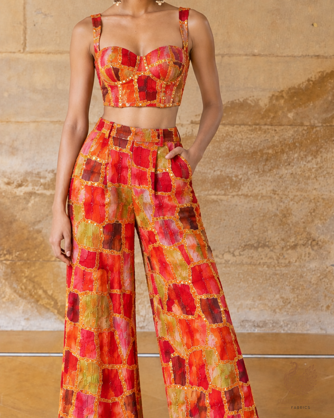 Mustard Crepe Fabric With All Over Thread, Zari, Sequins Work With One Side Border 24747