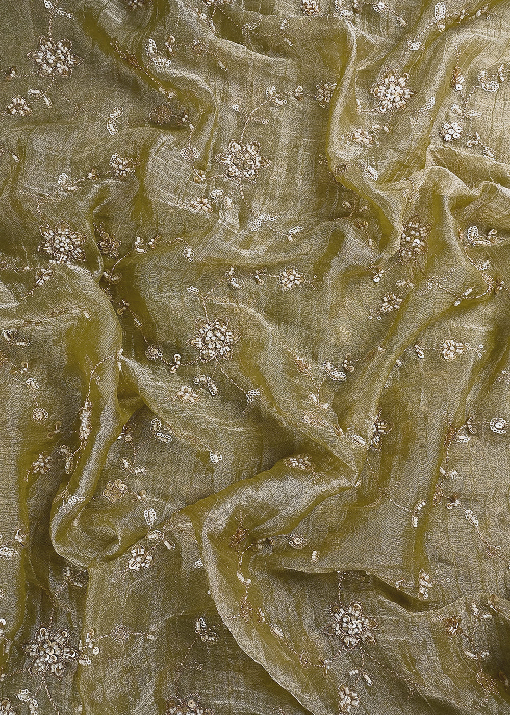 Mehendi Green Crushed Tissue Fabric With All Over Zari, Sequins, Katdana And Bead Work 24783