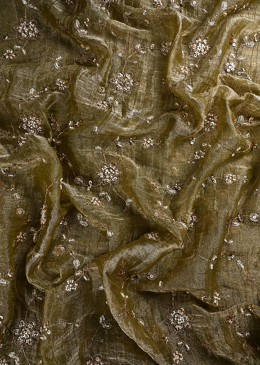 Mehendi Green Crushed Tissue Fabric With All Over Zari, Sequins, Katdana And Bead Work 24783