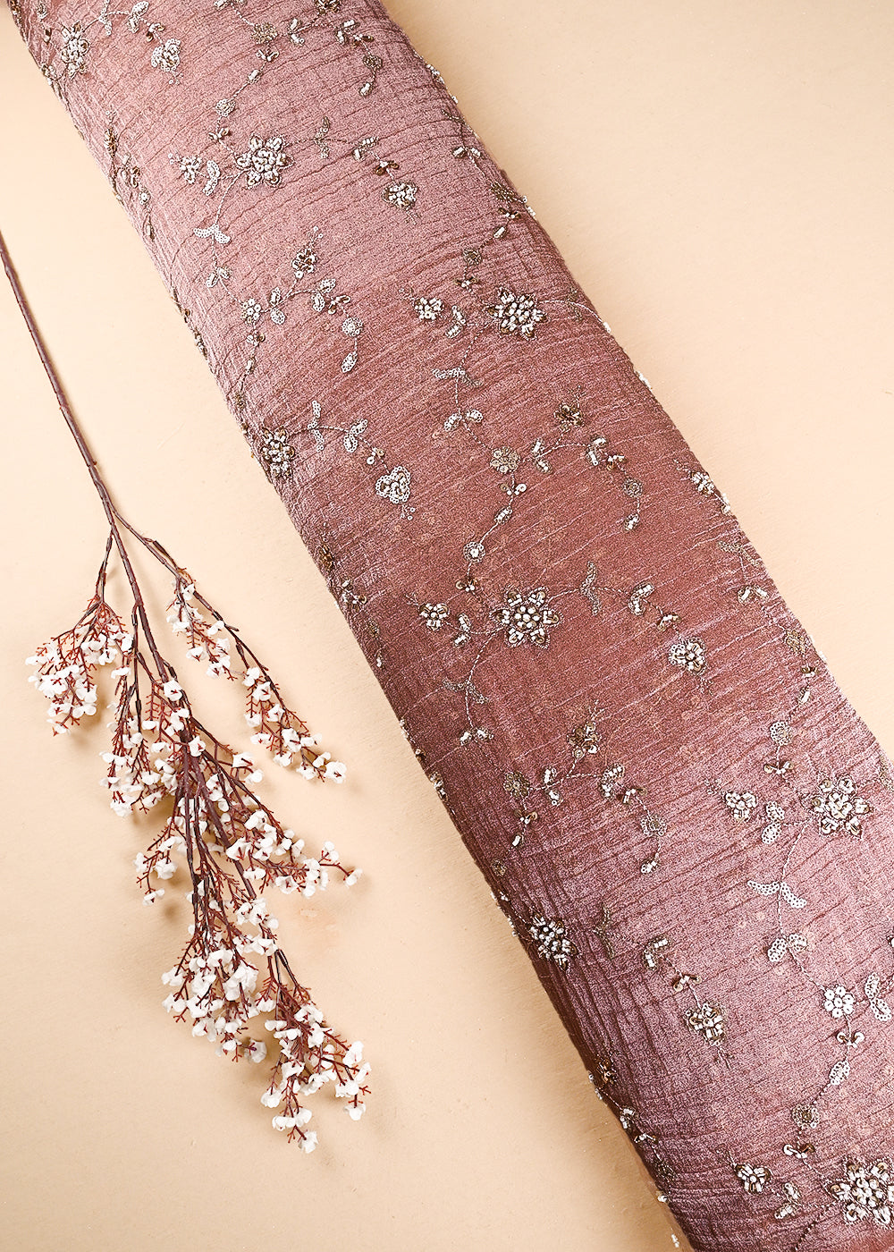 Onion Pink Crushed Tissue Fabric With All Over Zari, Sequins, Katdana And Bead Work 24784
