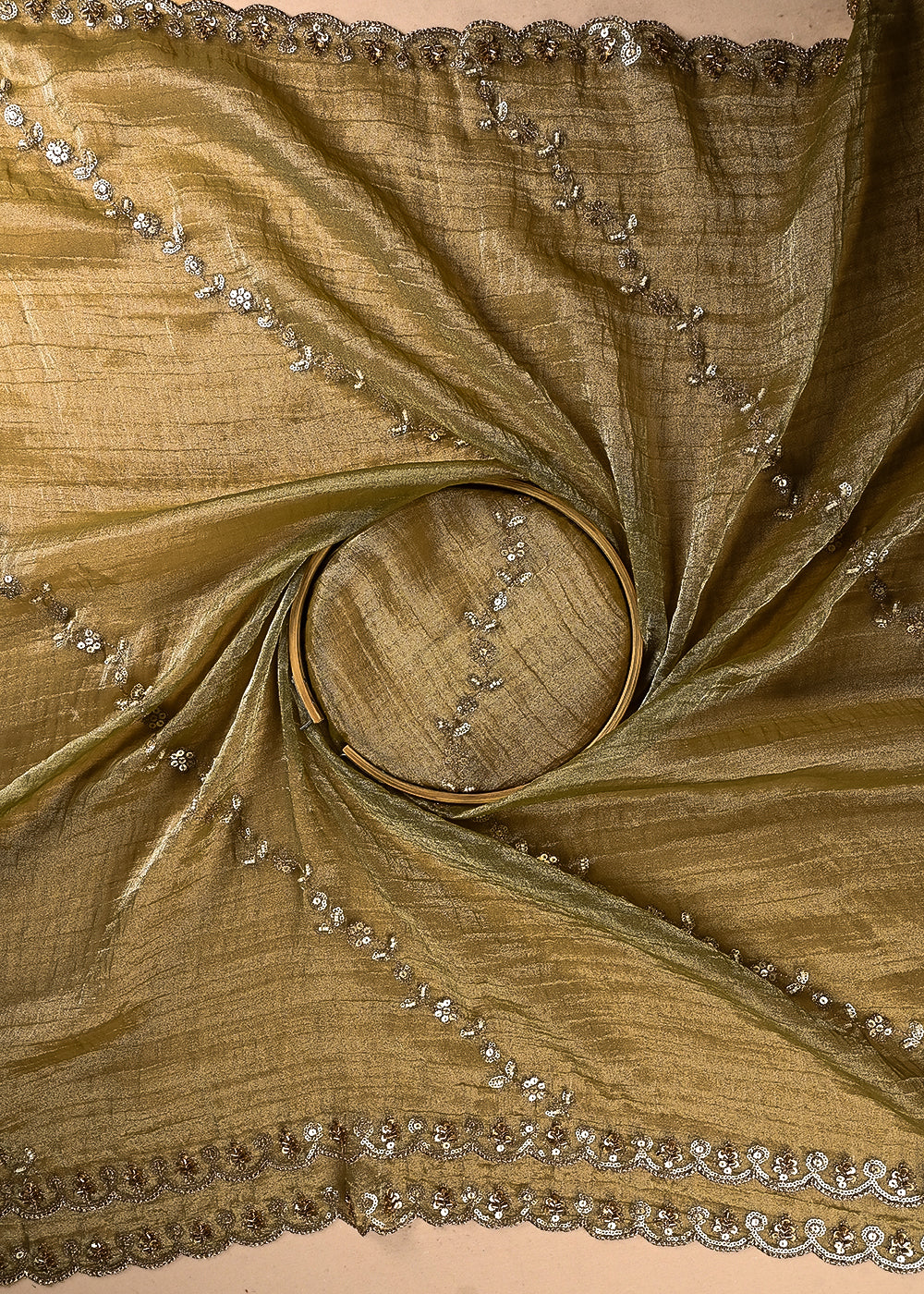 Mehendi Green Crushed Tissue Dupatta Fabric With All Over Sequins, Katdana And Bead Work 24786
