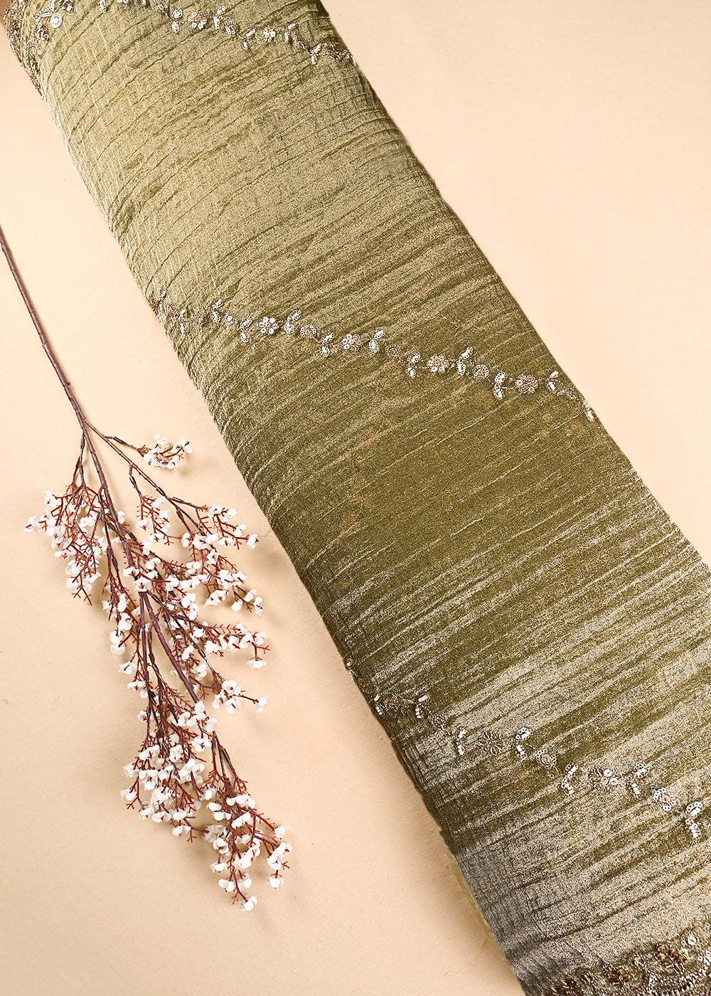Mehendi Green Crushed Tissue Dupatta Fabric With All Over Sequins, Katdana And Bead Work 24786