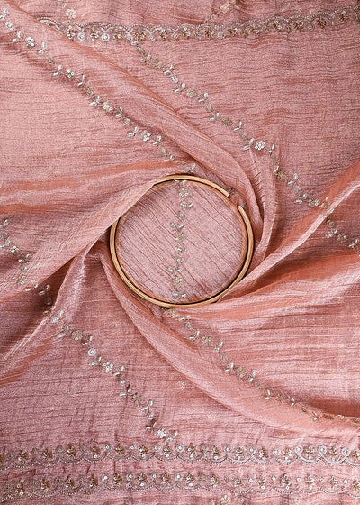 Onion Pink Crushed Tissue Dupatta Fabric With All Over Sequins, Katdana And Bead Work 24787