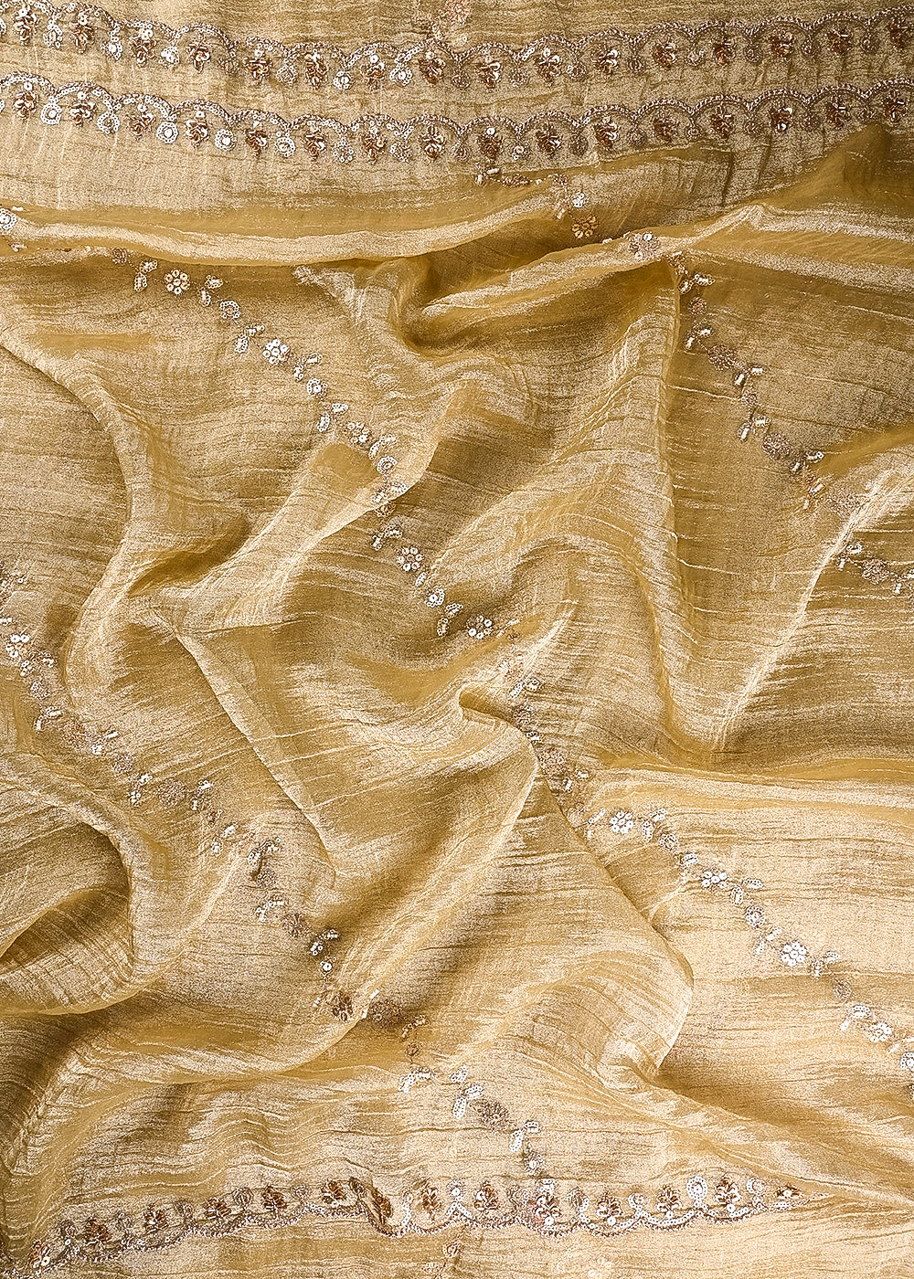 Golden Crushed Tissue Dupatta Fabric With All Over Sequins, Katdana And Bead Work 24789