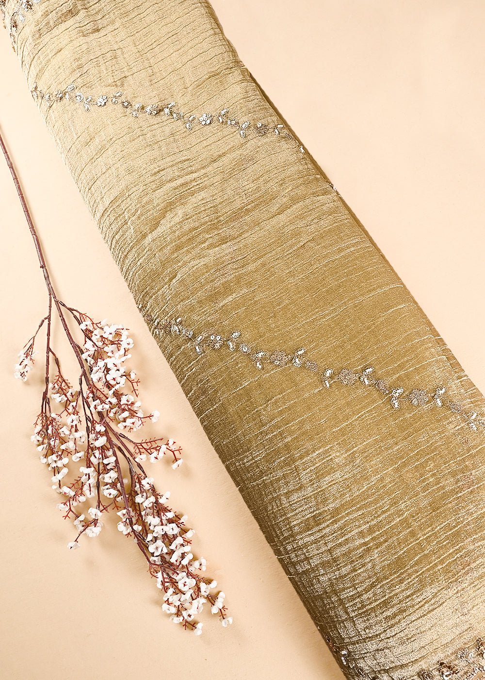 Golden Crushed Tissue Dupatta Fabric With All Over Sequins, Katdana And Bead Work 24789