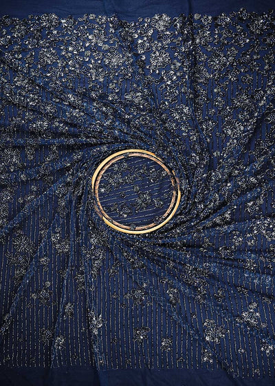 Navy Blue Imported Net Fabric With All Over Sequins, Katdana And Bead Work With One Side Heavy Border 24791