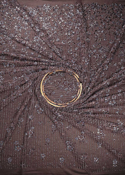 Coffee Imported Net Fabric With All Over Sequins, Katdana And Bead Work With One Side Heavy Border 24792