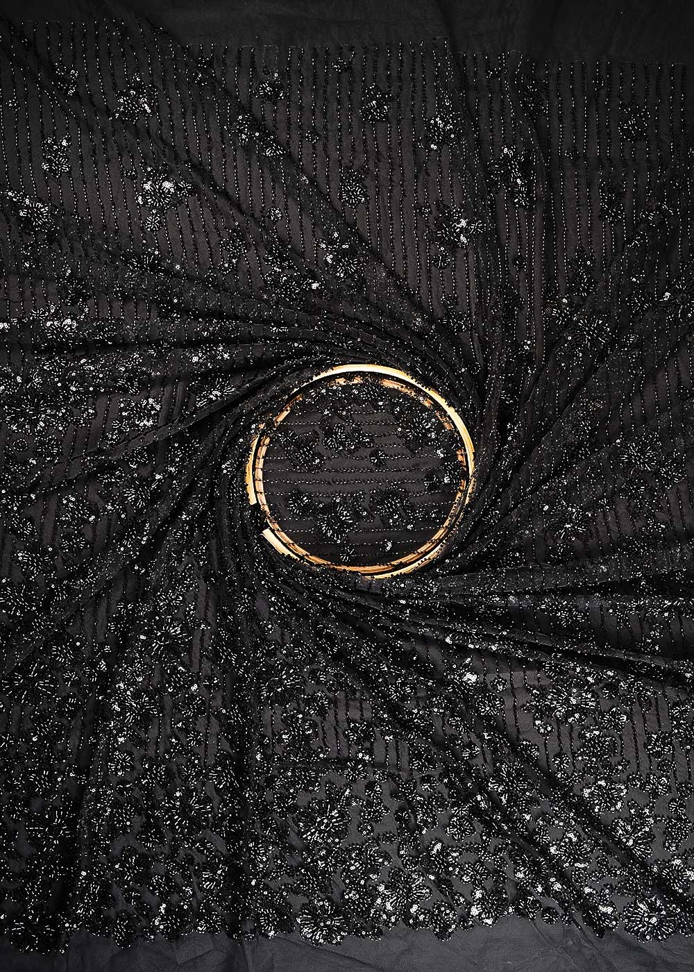 Black Imported Net Fabric With All Over Sequins, Katdana And Bead Work With One Side Heavy Border 24793