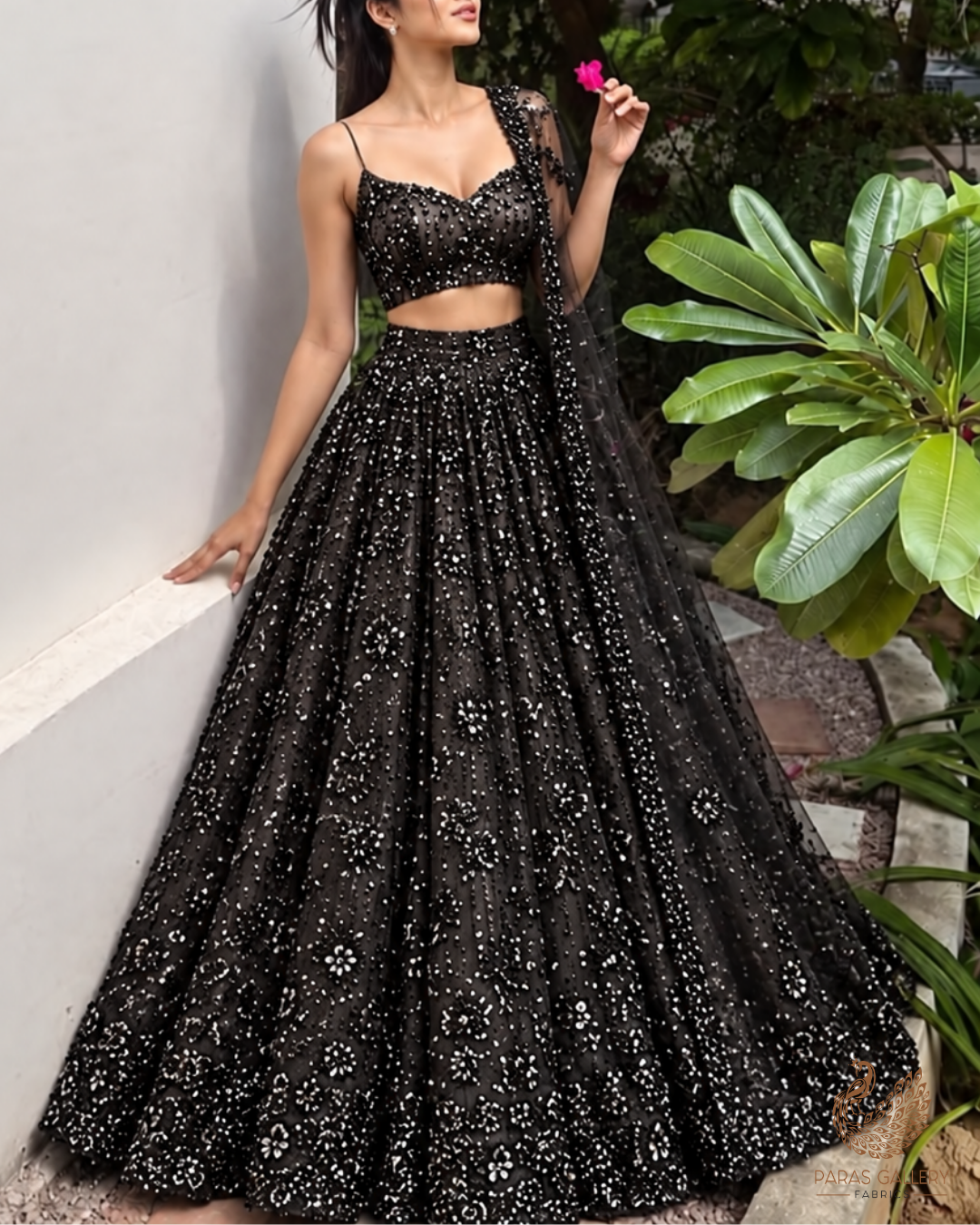 Black Imported Net Fabric With All Over Sequins, Katdana And Bead Work With One Side Heavy Border 24793
