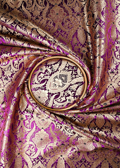 Navy Blue Banarasi Brocade Fabric With All Over Zari And Thread Handloom 24796