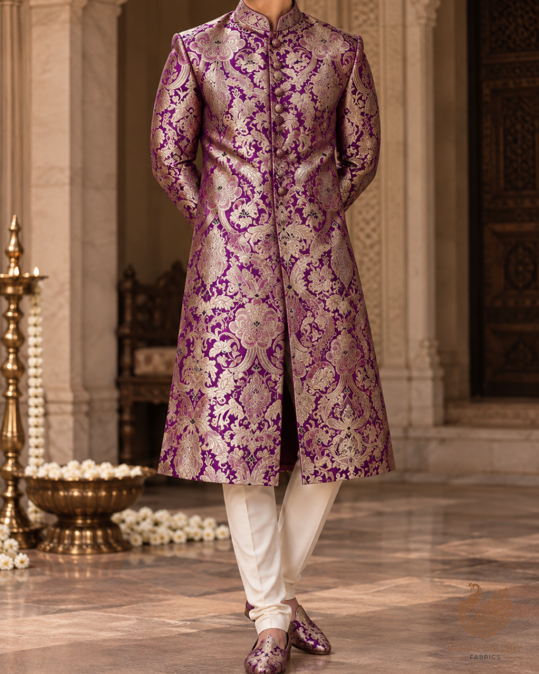 Purple Banarasi Brocade Fabric With All Over Zari And Thread Handloom 24797