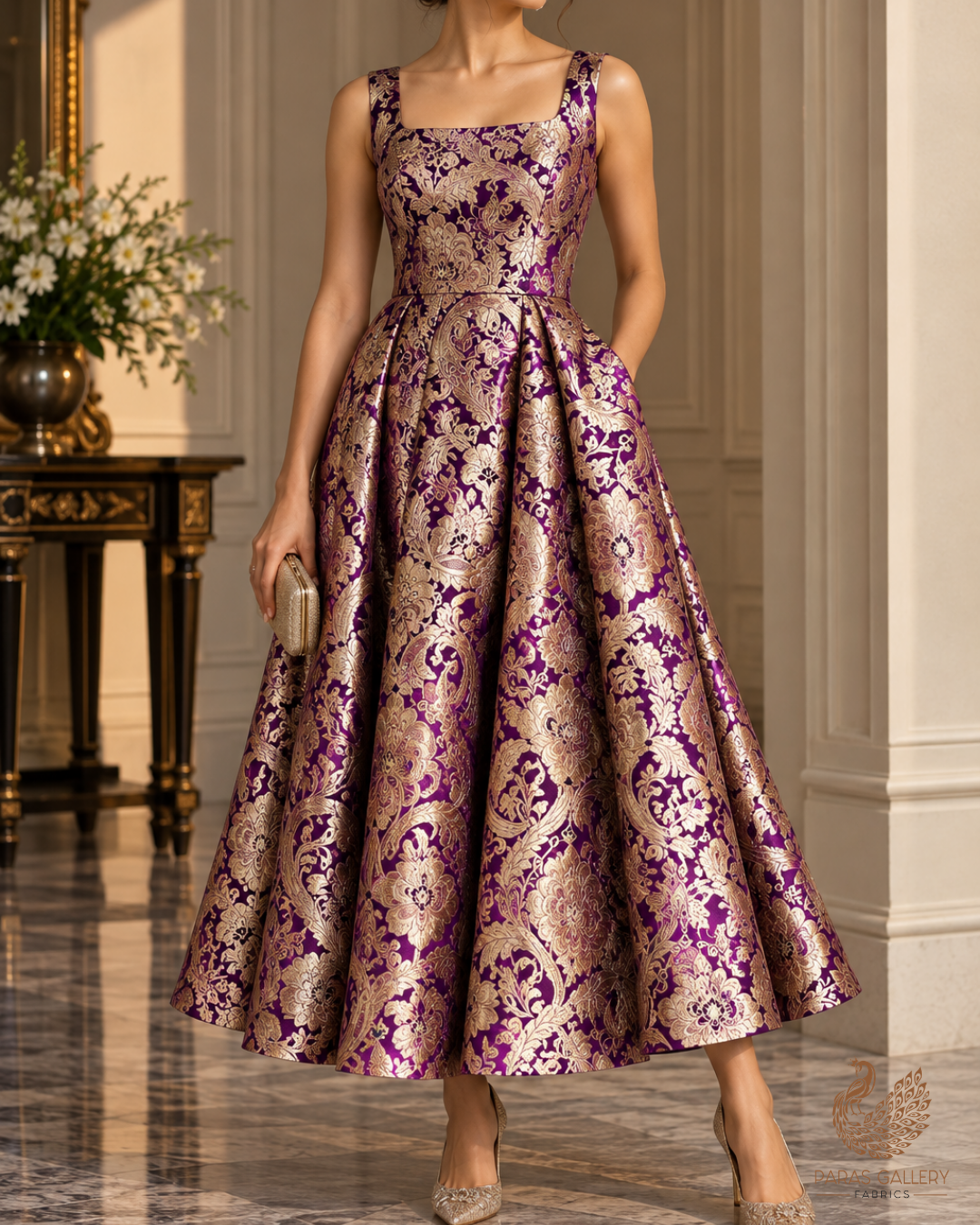 Purple Banarasi Brocade Fabric With All Over Zari And Thread Handloom 24797