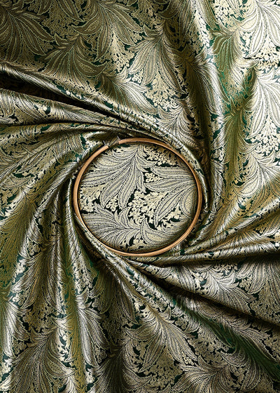 Bottle Green Banarasi Brocade Fabric With All Over Thread And Zari Handloom 24801