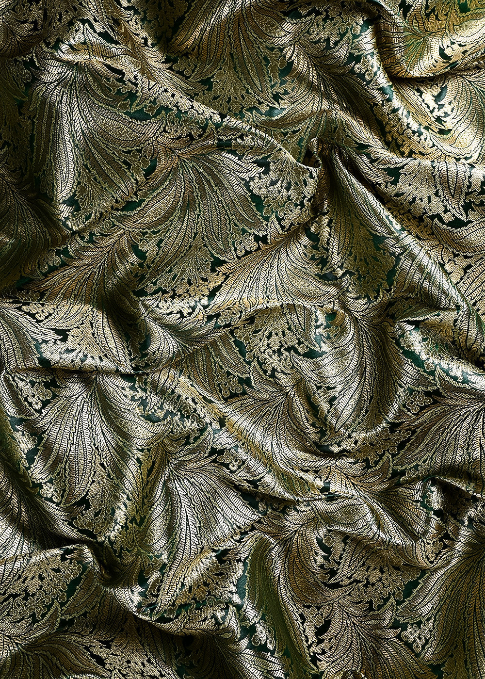 Bottle Green Banarasi Brocade Fabric With All Over Thread And Zari Handloom 24801
