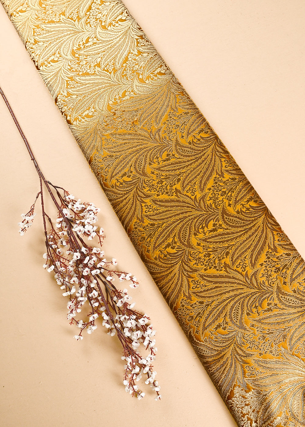 Mustard Banarasi Brocade Fabric With All Over Thread And Zari Handloom 24802